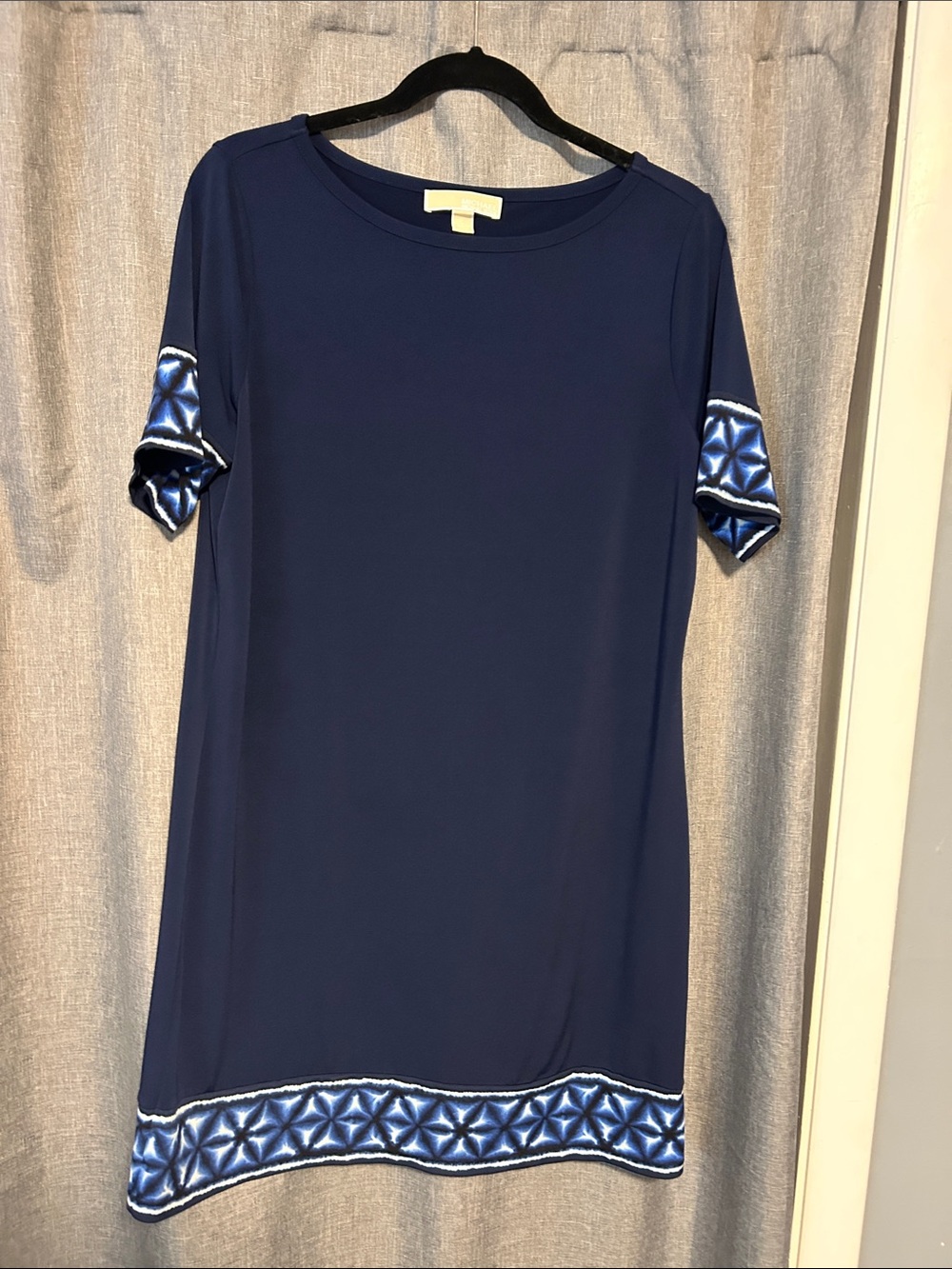 Michael Kors Navy Short Sleeve Shift Dress with Geometric Trim